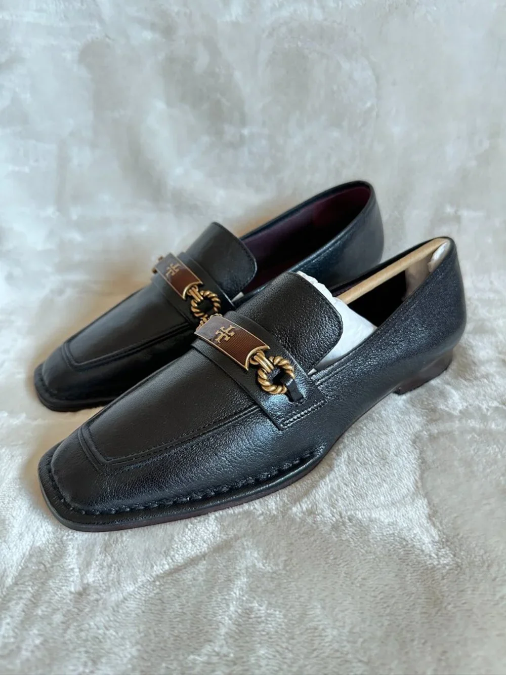 NIB Tory Burch Perrine Loafer Shoes Square Toe Logo Leather In Black Size 7